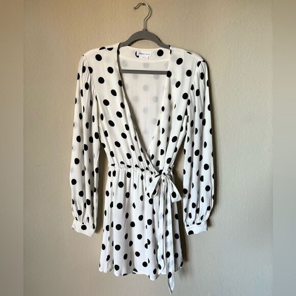 Lovers + Friends Maggie Mini White Black Dress Blouse Polka Dot Wrap Size S - Picture 8 of 11